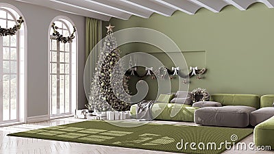 Winter, Christmas, New Year interior design in minimal living room with parquet floor and vaulted ceiling. Sofa and carpet, white Stock Photo