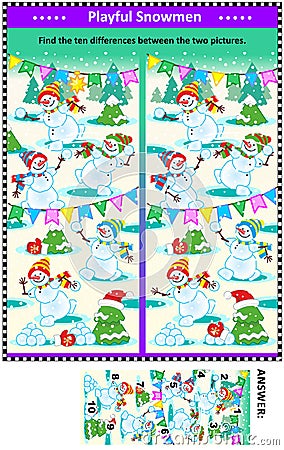 Find the differences picture puzzle with playful playful snowmen Vector Illustration