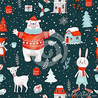 Winter Christmas holiday hand-drawn raster seamless pattern. Clipping path included Stock Photo