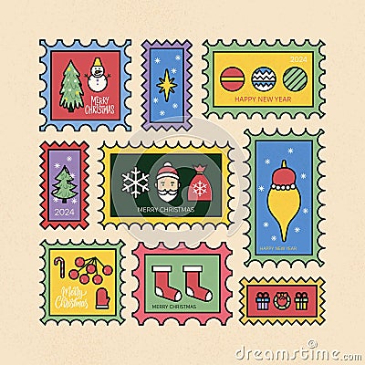 Winter Christmas Postal Stamps Set Vector Illustration