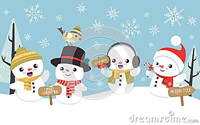 Winter christmas scene with cute little snowman Vector Illustration