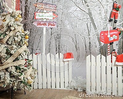 Winter Christmas scenic. New Year`s winter scenery in the studio. Christmas background decorated for photo session Stock Photo