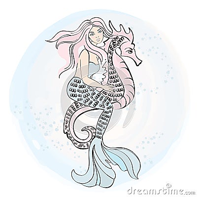 Winter Christmas Sea Ocean Color Vector Illustration MERMAID SEAHORSE Stock Photo