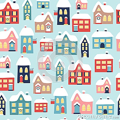 Winter Christmas seamless pattern with houses. Vector Vector Illustration