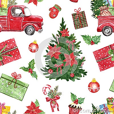 Winter Christmas seamless pattern. Watercolor red pick up truck, pine tree, holly, poinsettia, candy cane, gifts Cartoon Illustration