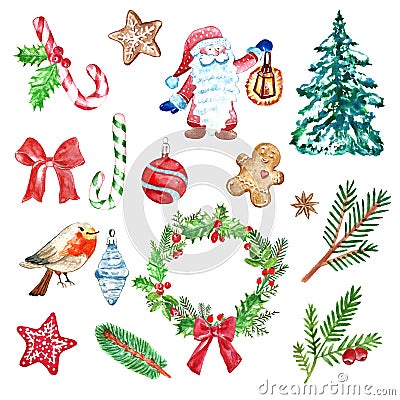 Winter Christmas set of holiday elements and symbols, green and red color. fir and pine branches, red berries, gnome, candy cane Cartoon Illustration