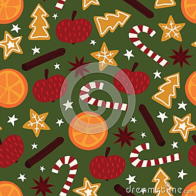 Winter Christmas spices seamless vector pattern. Repeating background of star anise, apple, orange, cinnamon rolls Vector Illustration