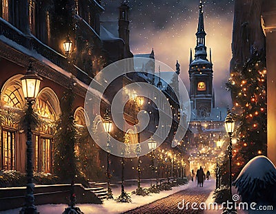 winter christmas street with decorations and christmas lights Stock Photo