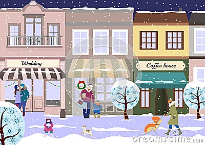 Winter Christmas street of small city. View of city street with shops and coffee house in winter. Snowy roadway with Vector Illustration