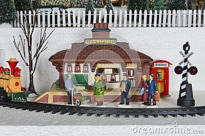 Winter Christmas Village Train Station Scene Stock Photo