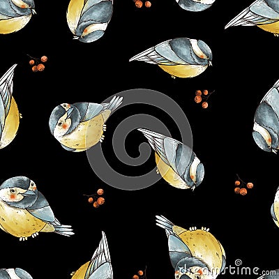 Winter Christmas vintage seamless pattern with red berries, birds titmouse Stock Photo