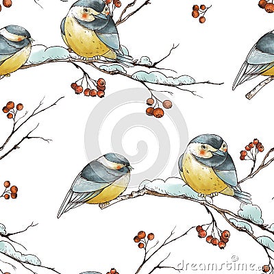 Winter Christmas vintage seamless pattern with rustic branches, red berries, birds titmouse Stock Photo