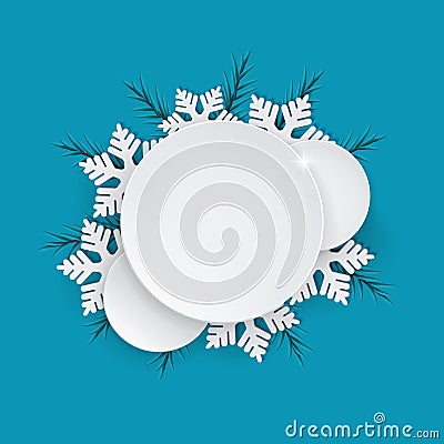 Winter circle frame with stroke. White banner with 3d snowflakes and fir branches. Vector Illustration