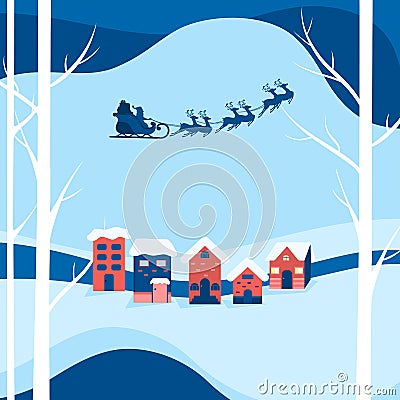 Winter city landscape snowy street and winter holiday. Santa claus flying with reindeer sleigh over a city Vector Illustration