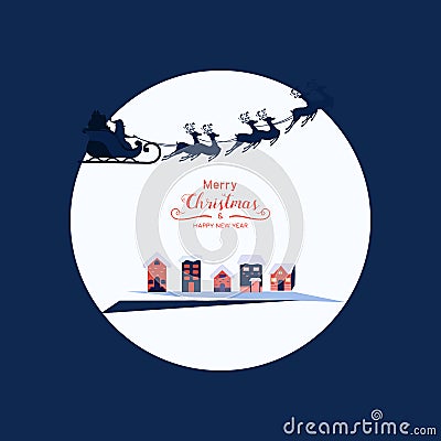Winter city landscape snowy street and winter holiday. Santa claus flying with reindeer sleigh over a city. Vector Illustration