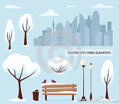 Winter city park elements. Urban outdoor decor: bench, lamps, trash box, trees and bushes, city silhouette. For construction of Vector Illustration