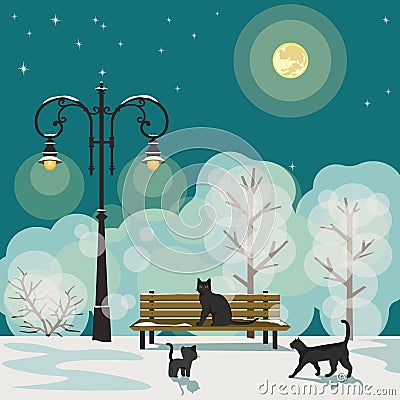 Winter city park and family of cats, winter night vector illustration Vector Illustration