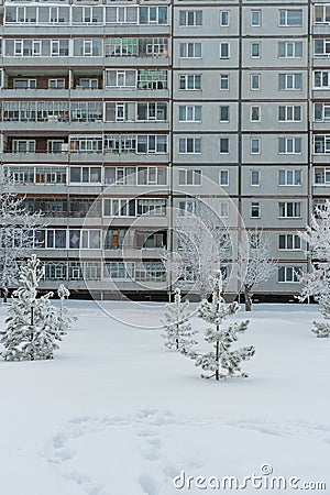 Winter cityscape, facade of an apartment building in Russia Stock Photo