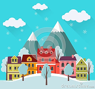 Winter cityscape with falling snow. Vector Illustration