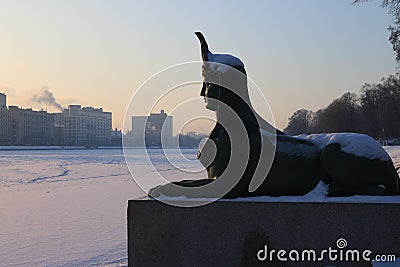 Winter cityscape with the figure of the Sphinx Stock Photo