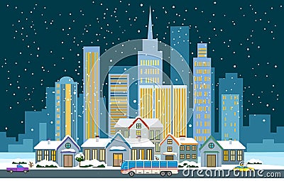 Winter cityscape flat Vector Illustration