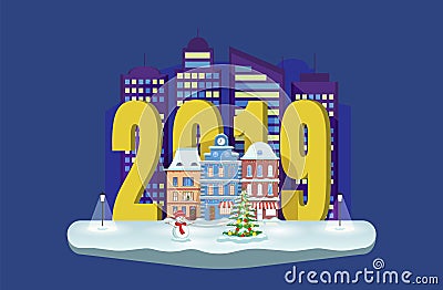 Winter cityscape with a snowman and Christmas fir tree. New year 2019. Vector town illustration. Greeting xmas card. Vector Illustration