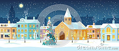 Winter cityscape, snowy street with Christmas tree Vector Illustration