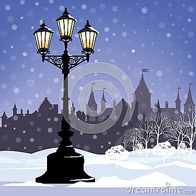 Winter Cityscape with street lamp, snowlandscape Stock Photo