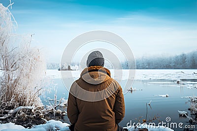 Winter clad man observes a frozen river from behind, serene moment Stock Photo