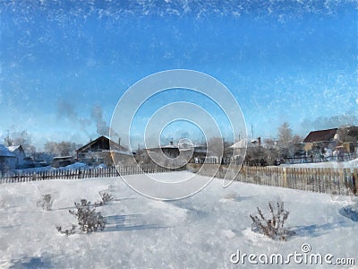 A winter clear day, a rural landscape with a rustic garden cover Cartoon Illustration