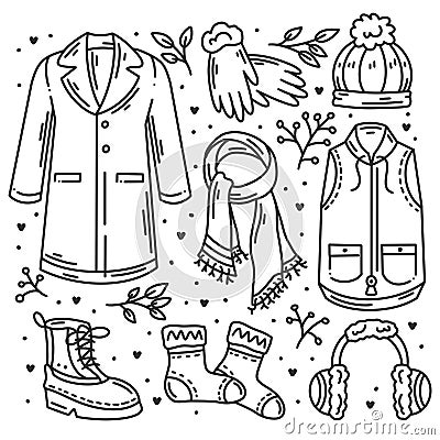 Winter cloth hand drawn doodles coloring Vector Illustration