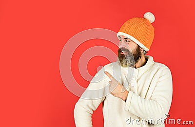 Winter clothes and accessories. Feeling good. Hipster style. Head in warm hat. Mature emotional hipster funny style Stock Photo