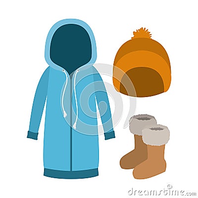 Winter clothes with blue hooded sweater and yellow wool cap and boots over white background Vector Illustration