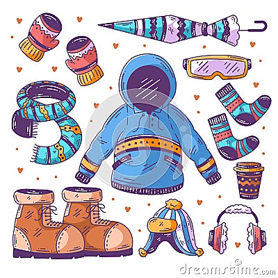 Winter clothes and essentials hand drawn doodle fullcolor Vector Illustration