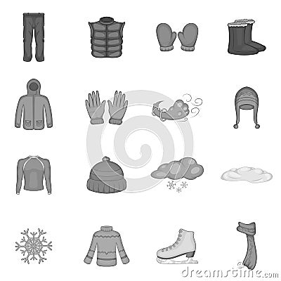 Winter clothes icons set, black monochrome style Vector Illustration