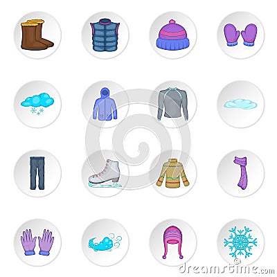 Winter clothes icons set, cartoon style Vector Illustration