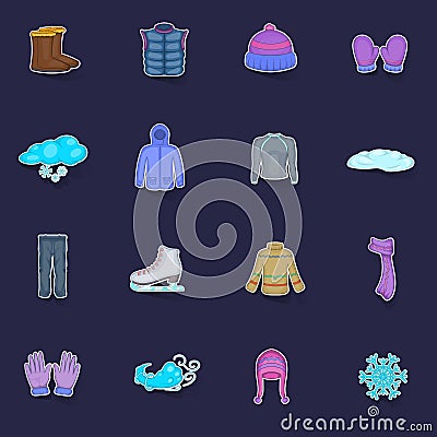 Winter clothes icons set vector sticker Vector Illustration