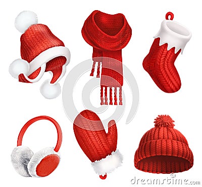 Winter clothes. Knitted hat. Christmas sock. Scarf. Mitten. Earmuffs. Vector icon Vector Illustration