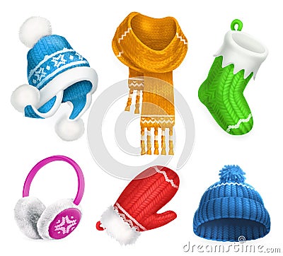 Winter clothes. Knitted hat. Christmas sock. Scarf. Mitten. Earmuffs. Vector icon set Vector Illustration