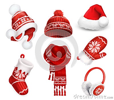 Winter clothes. Santa stocking cap. Knitted hat. Christmas sock. Scarf. Mitten. Earmuffs. Vector icon Vector Illustration