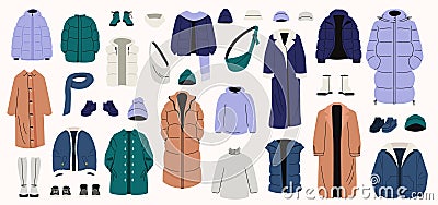 Winter clothes set. Cartoon winter wardrobe with casual and elegant clothing, male and female cold weather outfits Vector Illustration