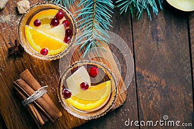 Winter Cocktail, Christmas Sangria with Apple Slices, Orange, Cranberry and Spices, Refreshing Drink Stock Photo