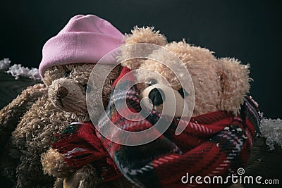 Winter, cold weather, love. Couple teddy bears sitting on a snowed bench, closeup view Stock Photo