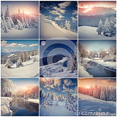 Winter collage with 9 square Christmas landscapes. Stock Photo