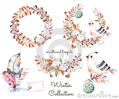 Winter collection with hand painted watercolor winter bouquets and wreaths. Stock Photo