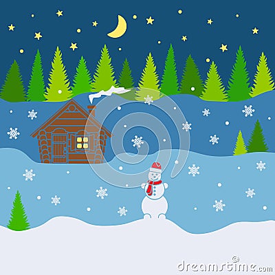 Winter color vector background with forest, house, snowman. Vector Illustration