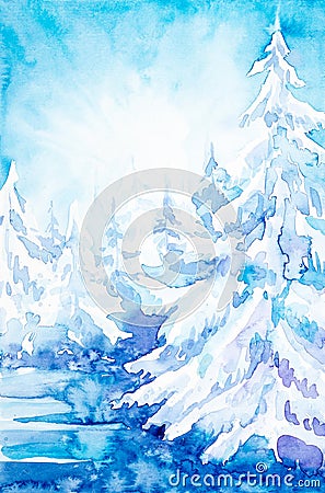 Winter colorful snow forest landscape with Christmas trees. Hand drawn watercolor illustration Cartoon Illustration