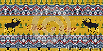 Winter is Coming. Christmas Winter knitted woolen seamless pattern with red deer in fir forest Vector Illustration