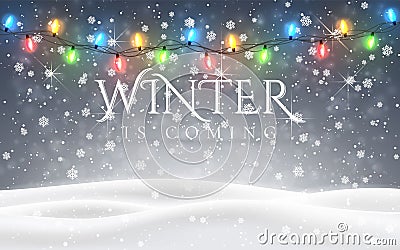 Winter is coming. Christmas, snowy night woodland landscape with falling snow, firs, light garland, snowflakes for winter and new Vector Illustration