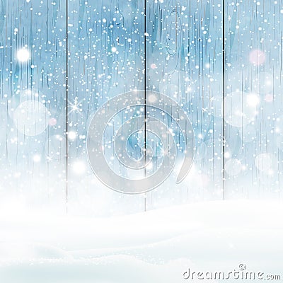 Winter is coming. Natural Winter Christmas wooden background with heavy snowfall, snowflakes snowdrifts. Winter landscape with Stock Photo